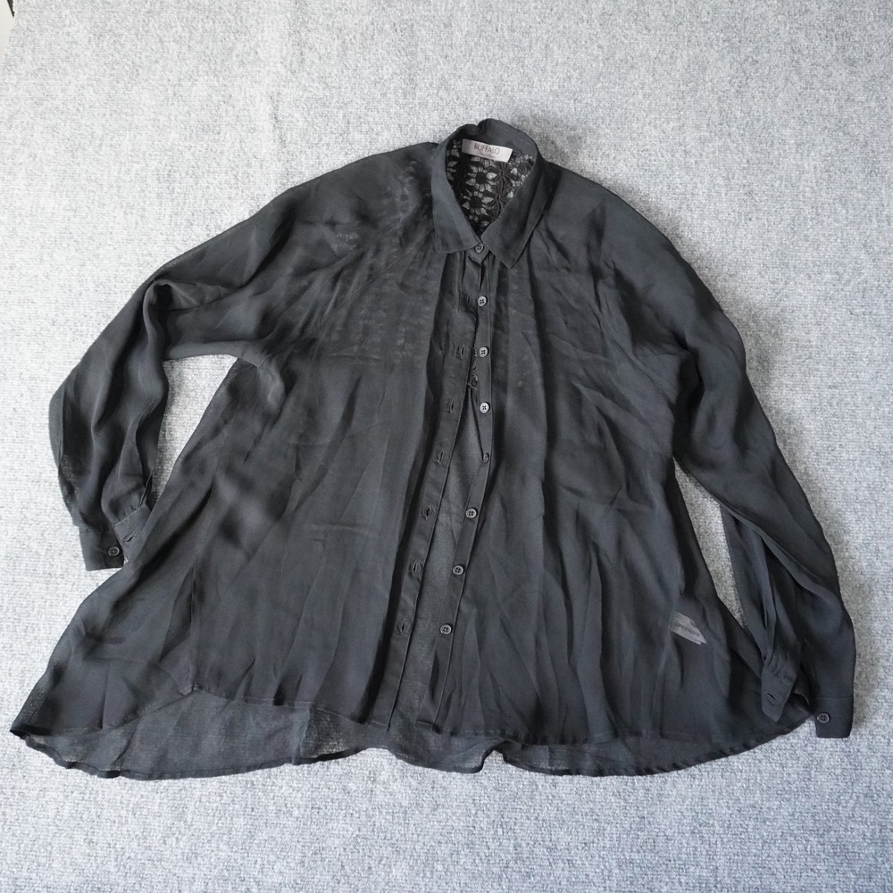 Buffalo David Bitton Black Viscose Sheer Button Down Blouse Top Lace‎ Trim S